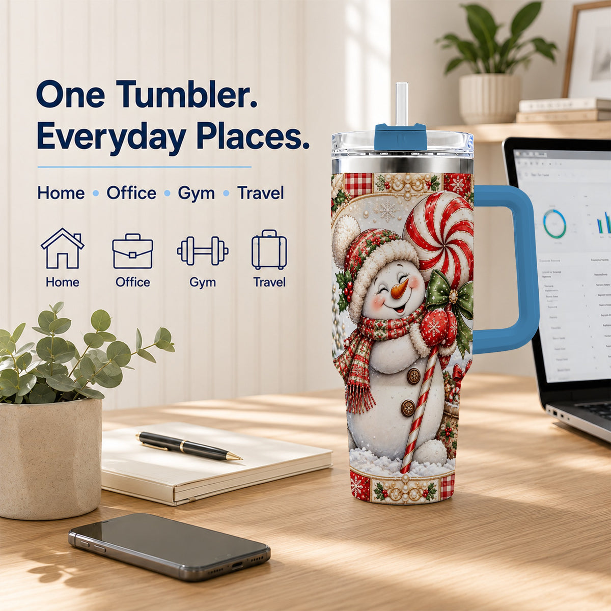 #pl[40oz|Blue] Peppermint Snowman 40oz Tumbler with Handle, Holiday Steel Cup