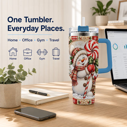 #pl[40oz|Blue] Peppermint Snowman 40oz Tumbler with Handle, Holiday Steel Cup