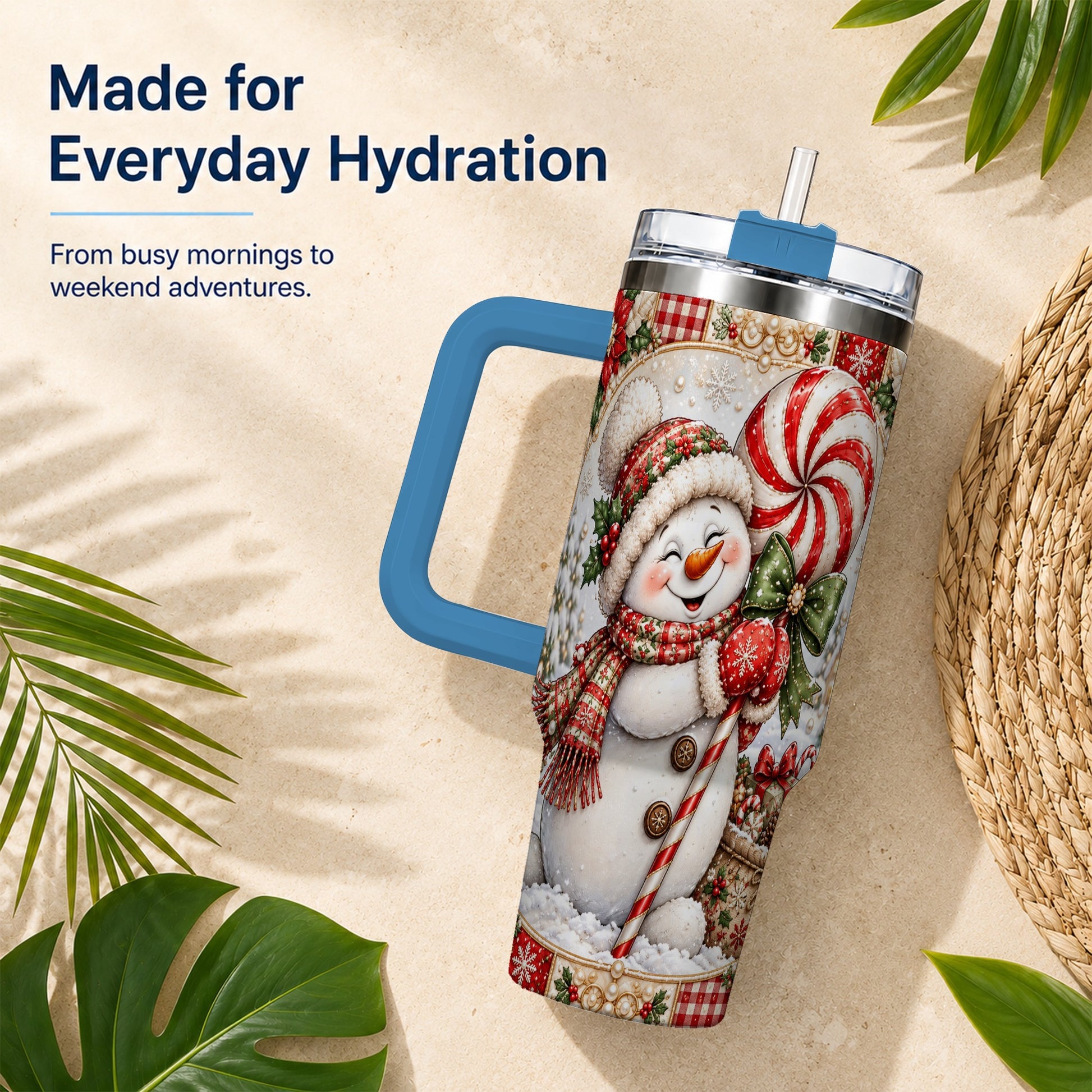 #pl[40oz|Blue] Peppermint Snowman 40oz Tumbler with Handle, Holiday Steel Cup