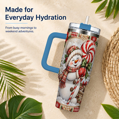 #pl[40oz|Blue] Peppermint Snowman 40oz Tumbler with Handle, Holiday Steel Cup
