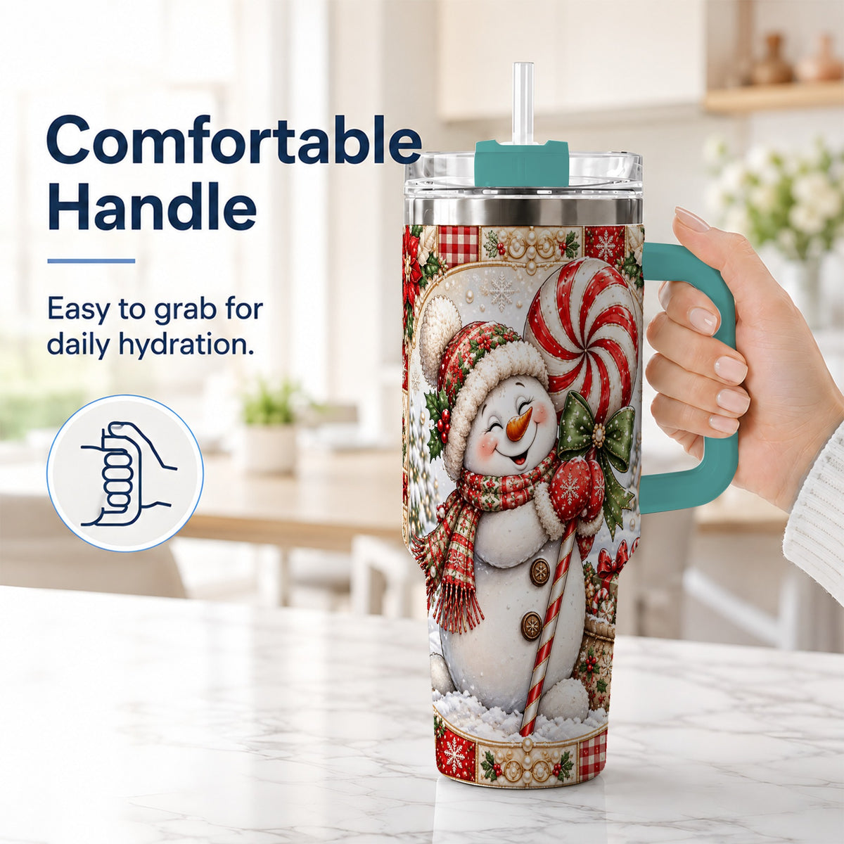 #pl[40oz|Green] Peppermint Snowman 40oz Tumbler with Handle, Holiday Steel Cup