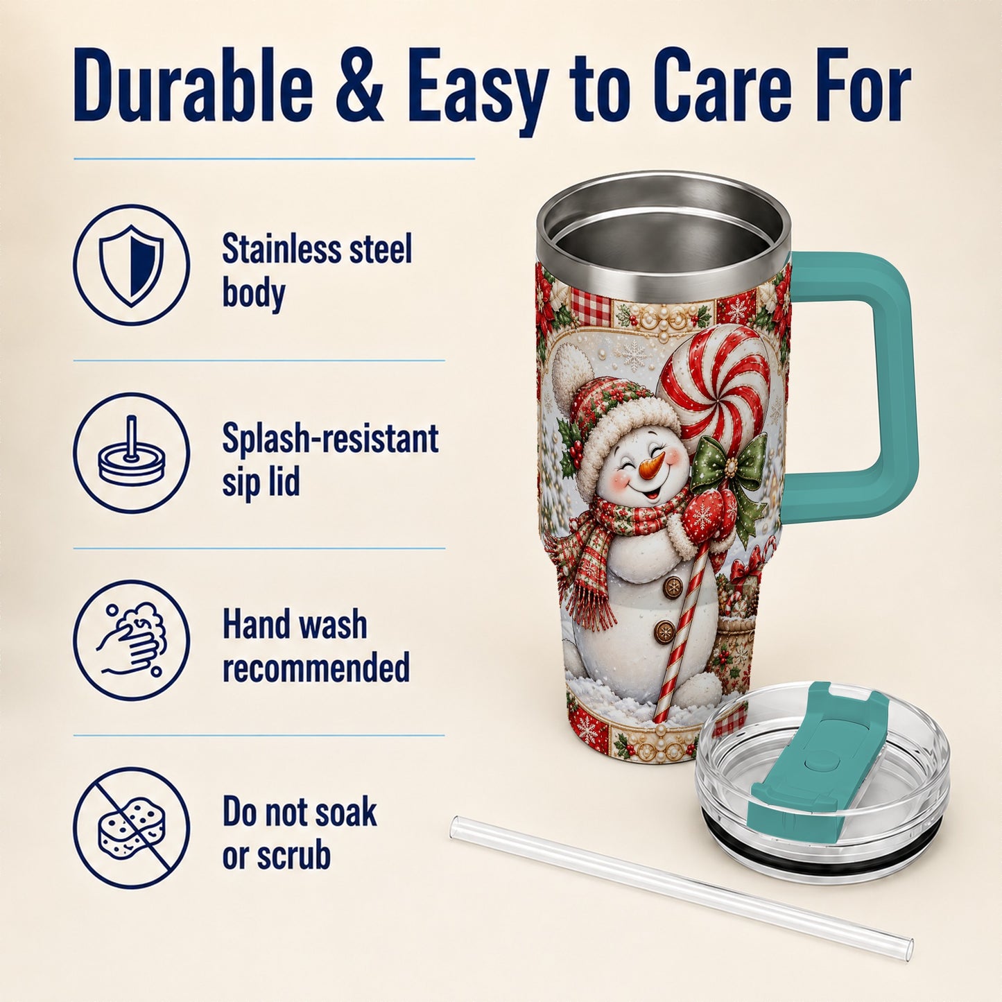 #pl[40oz|Green] Peppermint Snowman 40oz Tumbler with Handle, Holiday Steel Cup