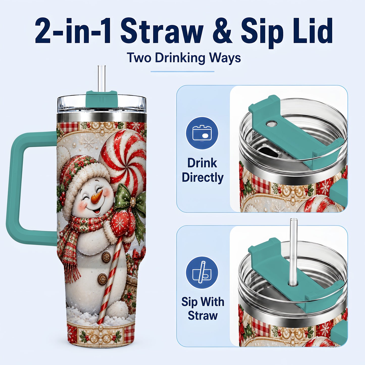 #pl[40oz|Green] Peppermint Snowman 40oz Tumbler with Handle, Holiday Steel Cup