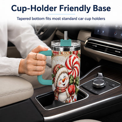#pl[40oz|Green] Peppermint Snowman 40oz Tumbler with Handle, Holiday Steel Cup