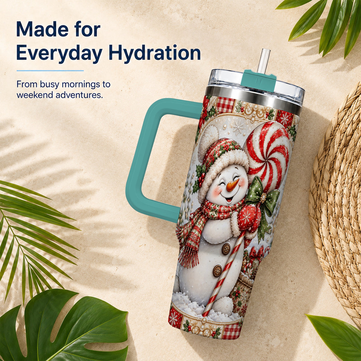 #pl[40oz|Green] Peppermint Snowman 40oz Tumbler with Handle, Holiday Steel Cup