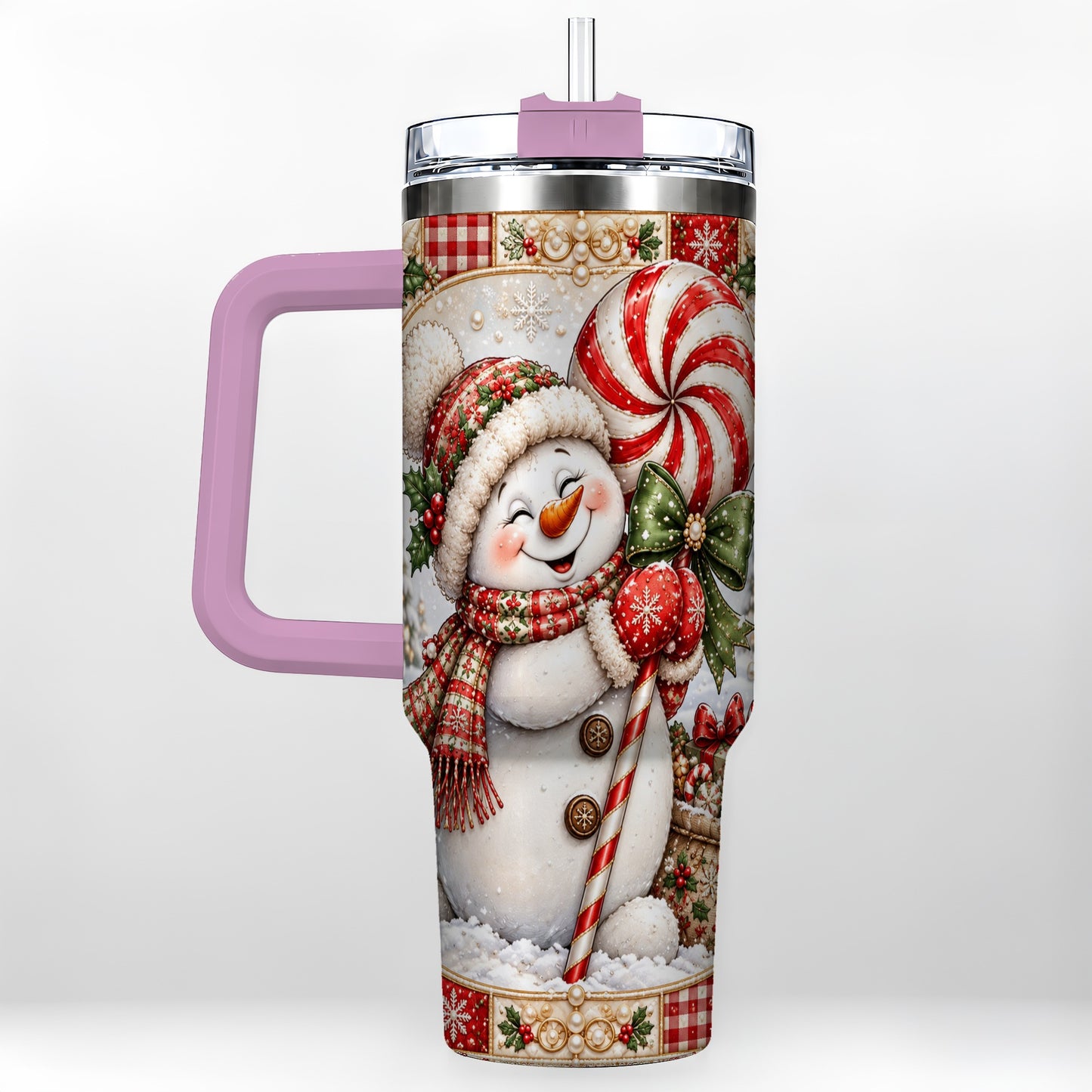 #pl[40oz|Pink] Peppermint Snowman 40oz Tumbler with Handle, Holiday Steel Cup