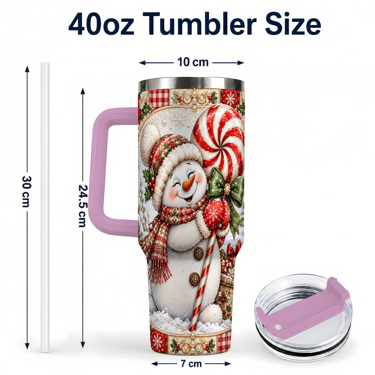 #pl[40oz|Pink] Peppermint Snowman 40oz Tumbler with Handle, Holiday Steel Cup