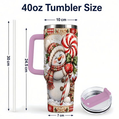 #pl[40oz|Pink] Peppermint Snowman 40oz Tumbler with Handle, Holiday Steel Cup