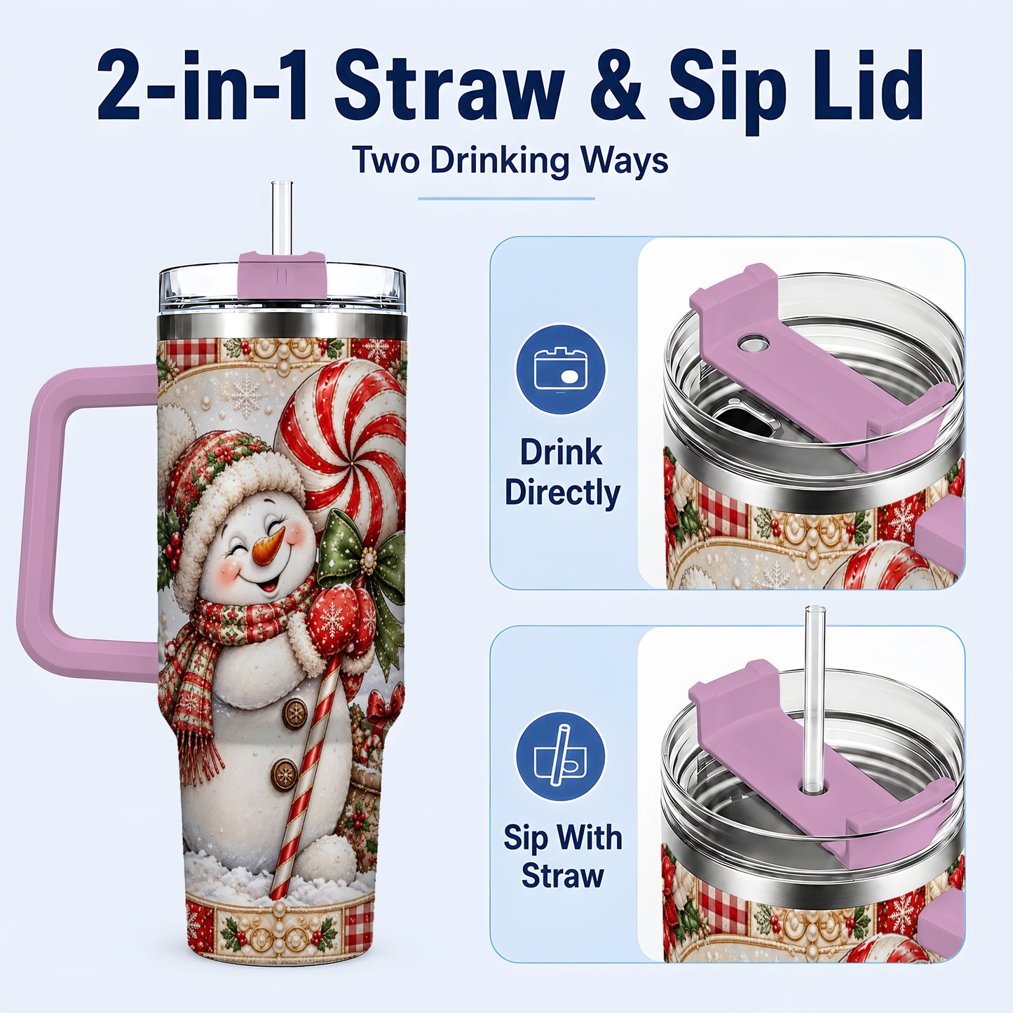 #pl[40oz|Pink] Peppermint Snowman 40oz Tumbler with Handle, Holiday Steel Cup