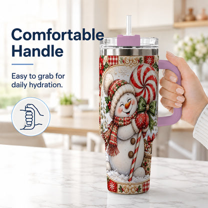 #pl[40oz|Pink] Peppermint Snowman 40oz Tumbler with Handle, Holiday Steel Cup
