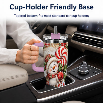 #pl[40oz|Pink] Peppermint Snowman 40oz Tumbler with Handle, Holiday Steel Cup