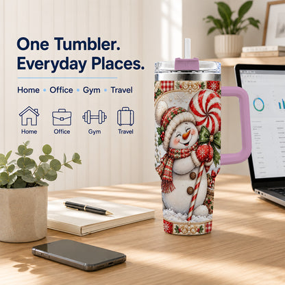#pl[40oz|Pink] Peppermint Snowman 40oz Tumbler with Handle, Holiday Steel Cup