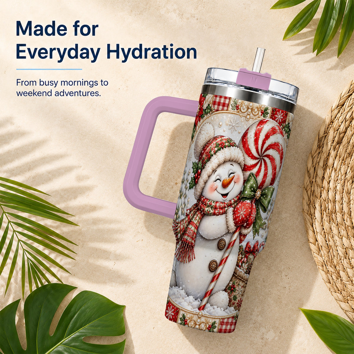 #pl[40oz|Pink] Peppermint Snowman 40oz Tumbler with Handle, Holiday Steel Cup
