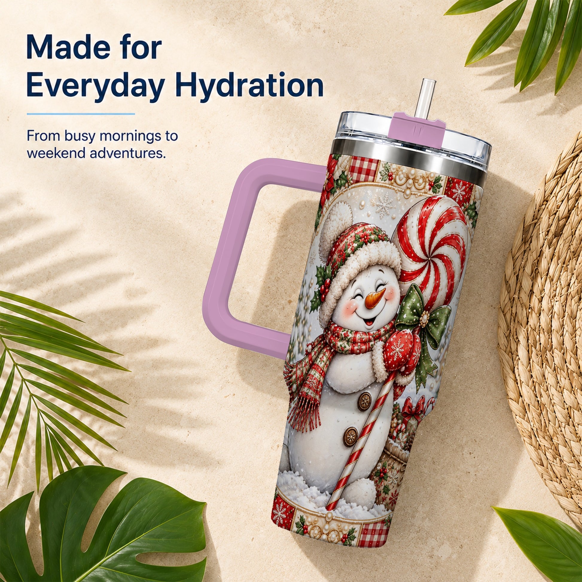 #pl[40oz|Pink] Peppermint Snowman 40oz Tumbler with Handle, Holiday Steel Cup