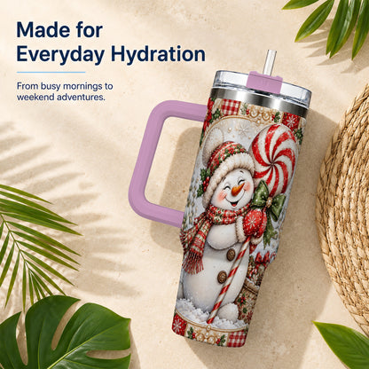 #pl[40oz|Pink] Peppermint Snowman 40oz Tumbler with Handle, Holiday Steel Cup