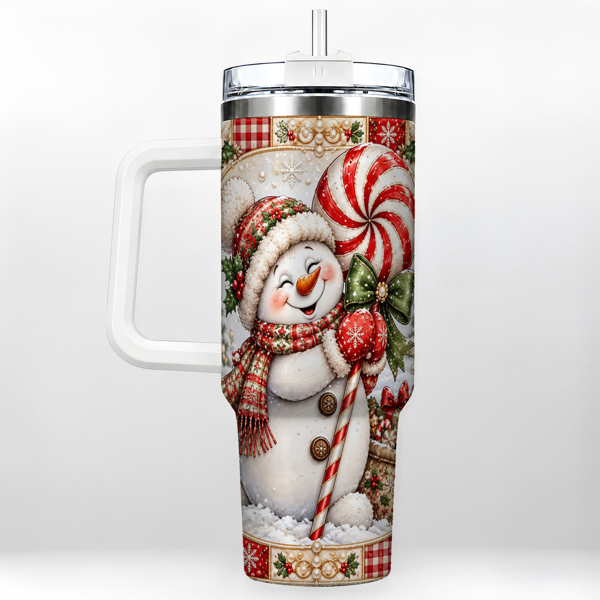 Peppermint Snowman 40oz Tumbler with Handle, Holiday Steel Cup