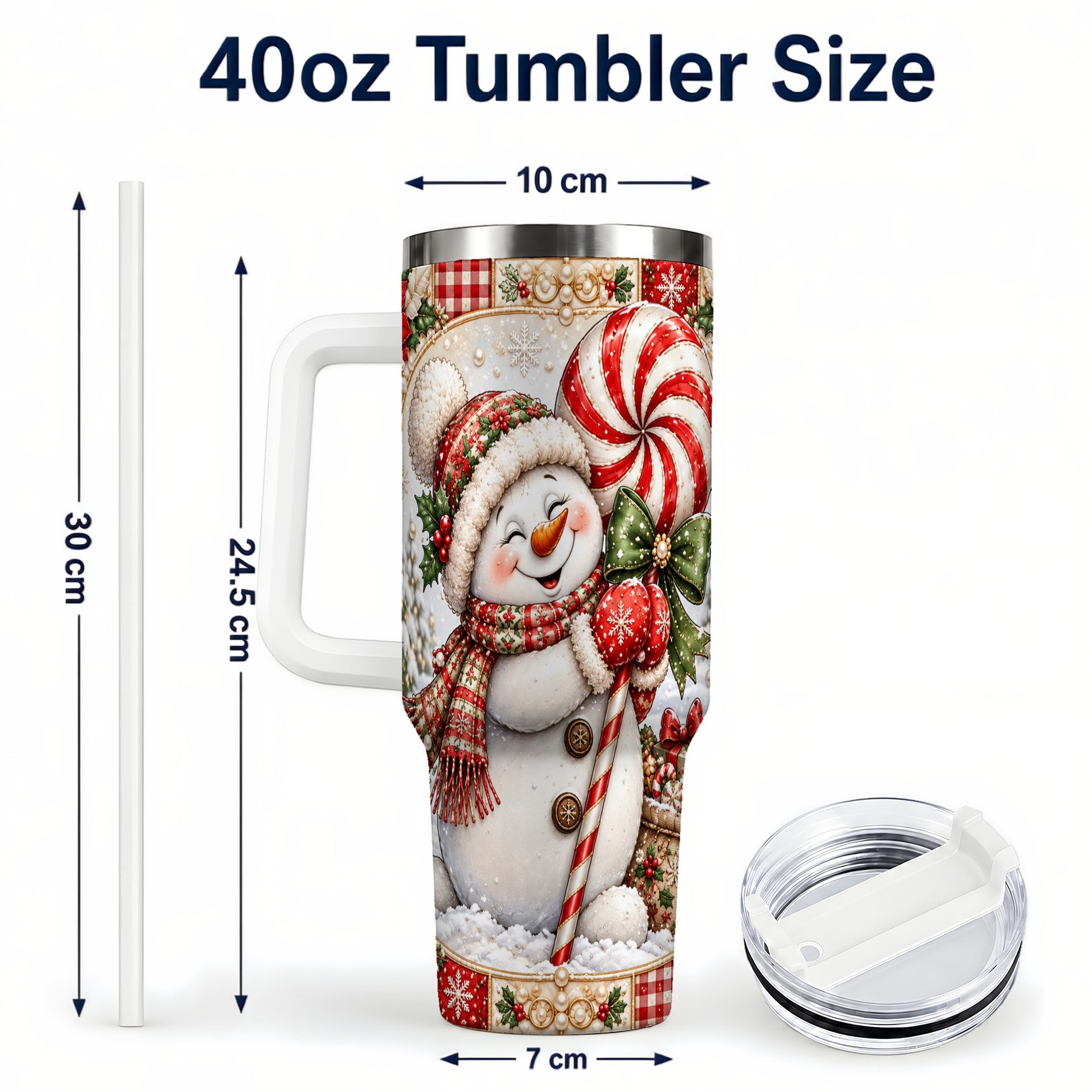 #pl[40oz|White] Peppermint Snowman 40oz Tumbler with Handle, Holiday Steel Cup