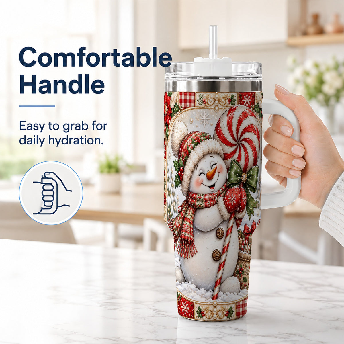 #pl[40oz|White] Peppermint Snowman 40oz Tumbler with Handle, Holiday Steel Cup