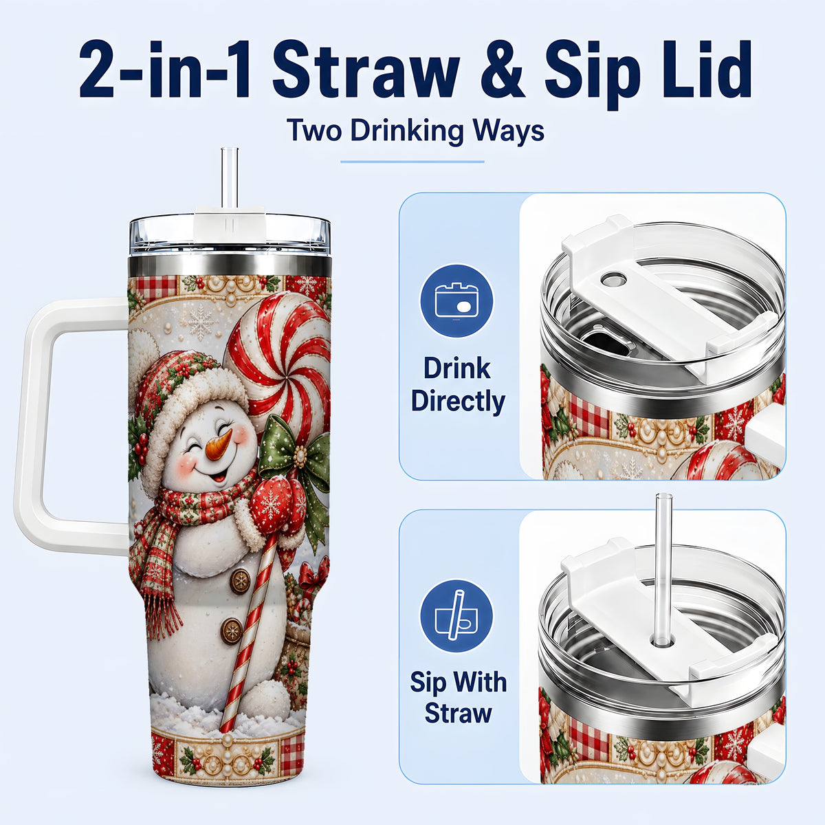 #pl[40oz|White] Peppermint Snowman 40oz Tumbler with Handle, Holiday Steel Cup