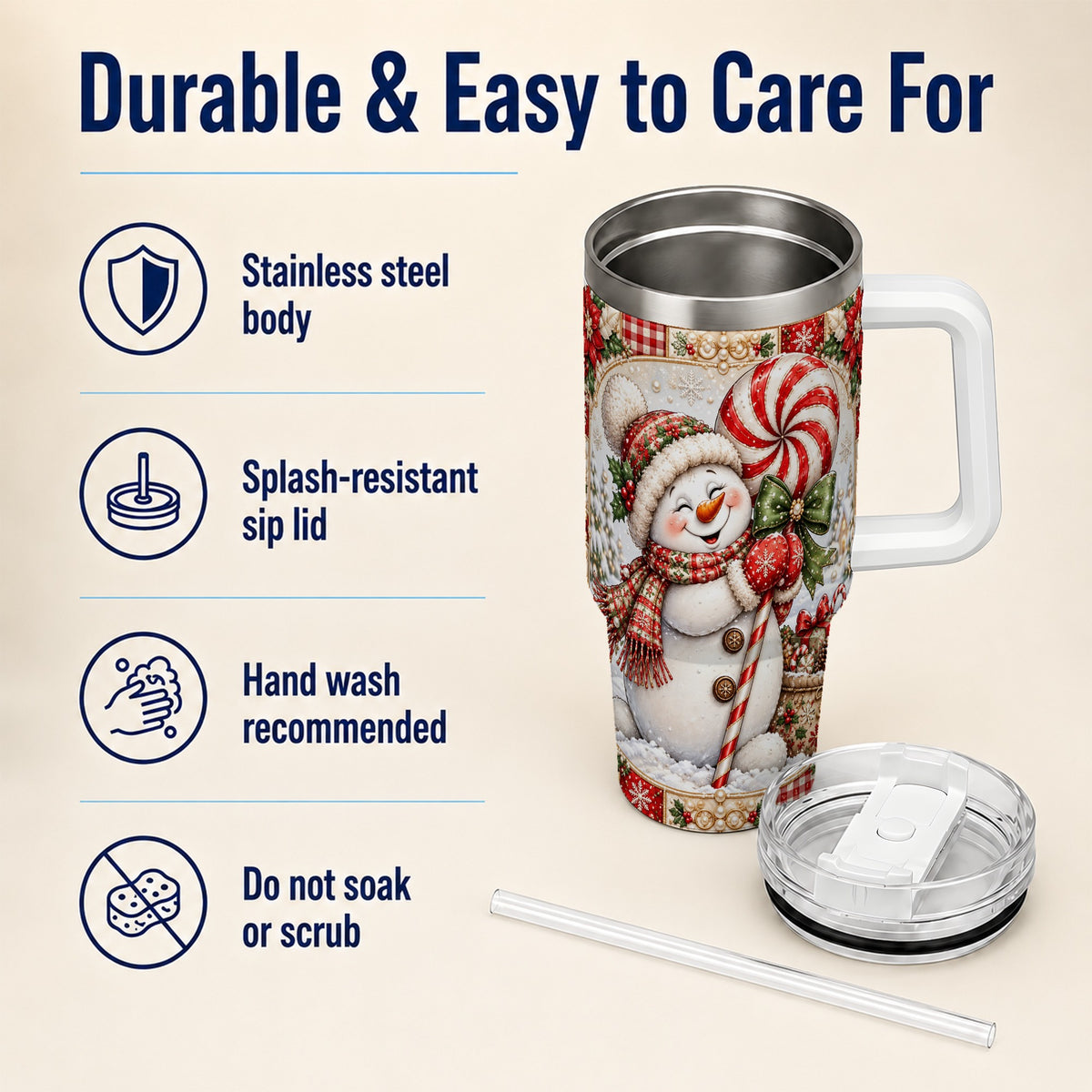 #pl[40oz|White] Peppermint Snowman 40oz Tumbler with Handle, Holiday Steel Cup
