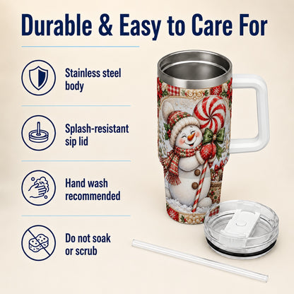 #pl[40oz|White] Peppermint Snowman 40oz Tumbler with Handle, Holiday Steel Cup