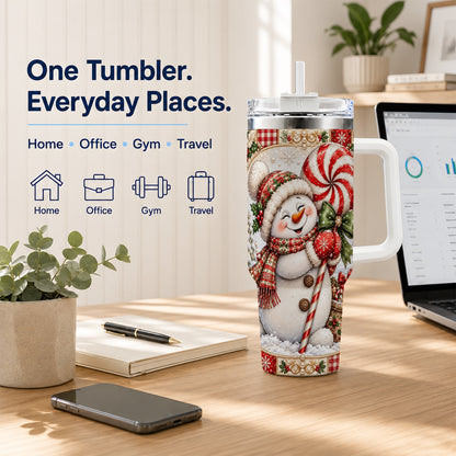 #pl[40oz|White] Peppermint Snowman 40oz Tumbler with Handle, Holiday Steel Cup