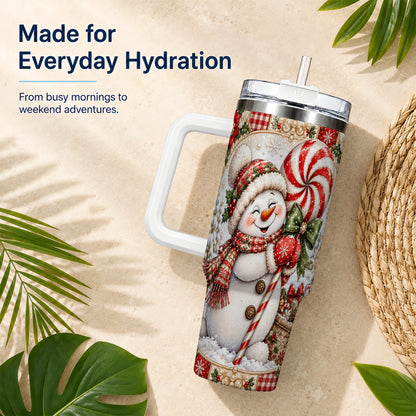 #pl[40oz|White] Peppermint Snowman 40oz Tumbler with Handle, Holiday Steel Cup