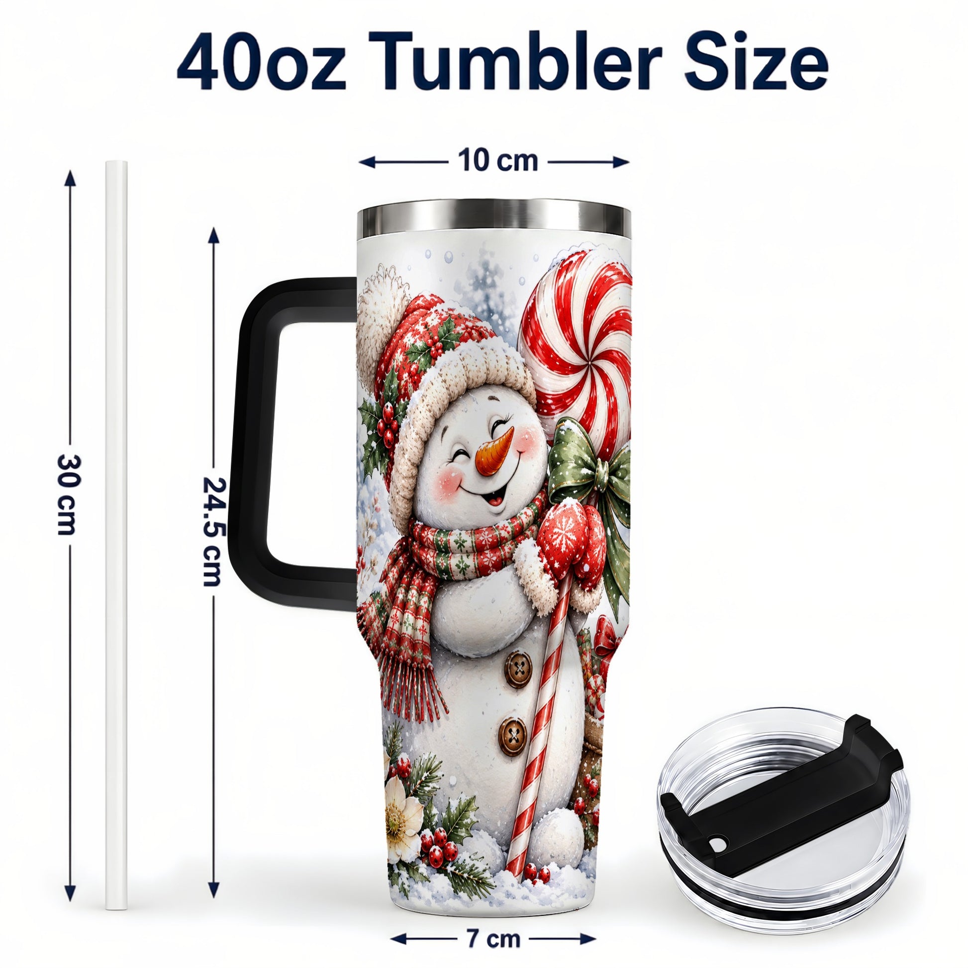 #pl[40oz|Black] Snowman 40oz Tumbler with Handle, Peppermint Holiday Steel Cup