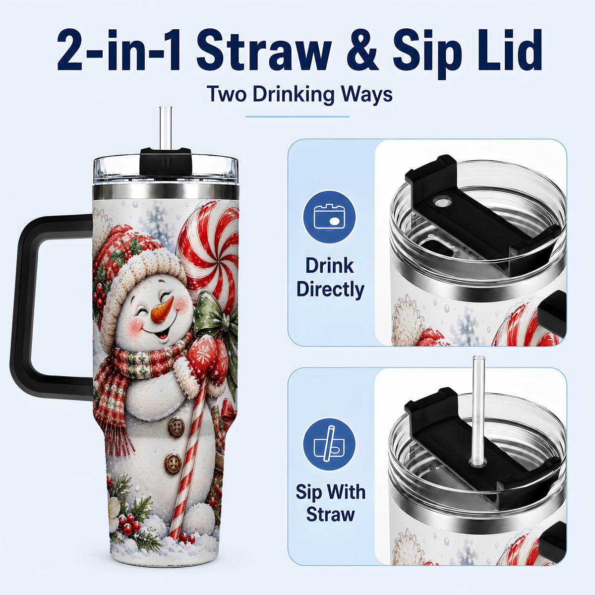 #pl[40oz|Black] Snowman 40oz Tumbler with Handle, Peppermint Holiday Steel Cup