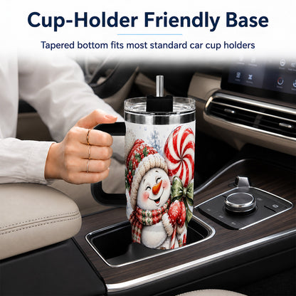 #pl[40oz|Black] Snowman 40oz Tumbler with Handle, Peppermint Holiday Steel Cup