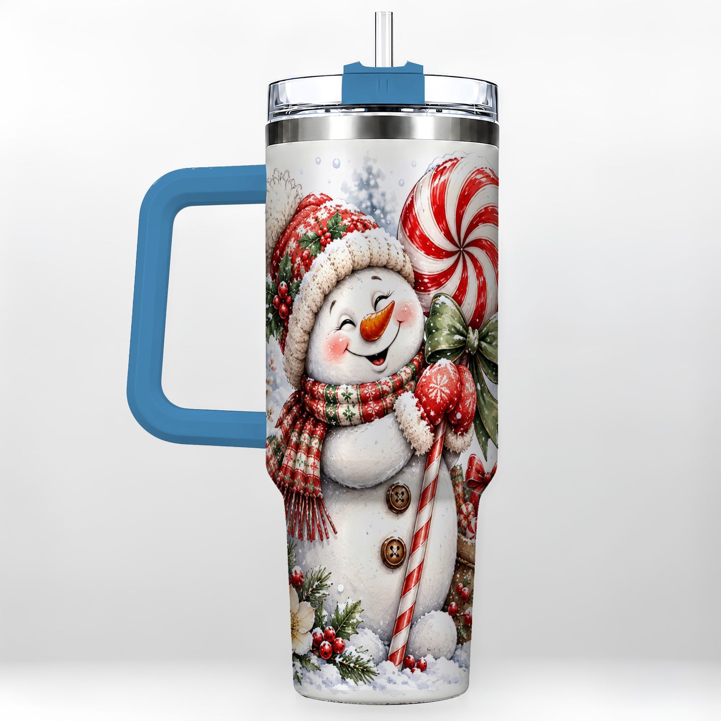 #pl[40oz|Blue] Snowman 40oz Tumbler with Handle, Peppermint Holiday Steel Cup