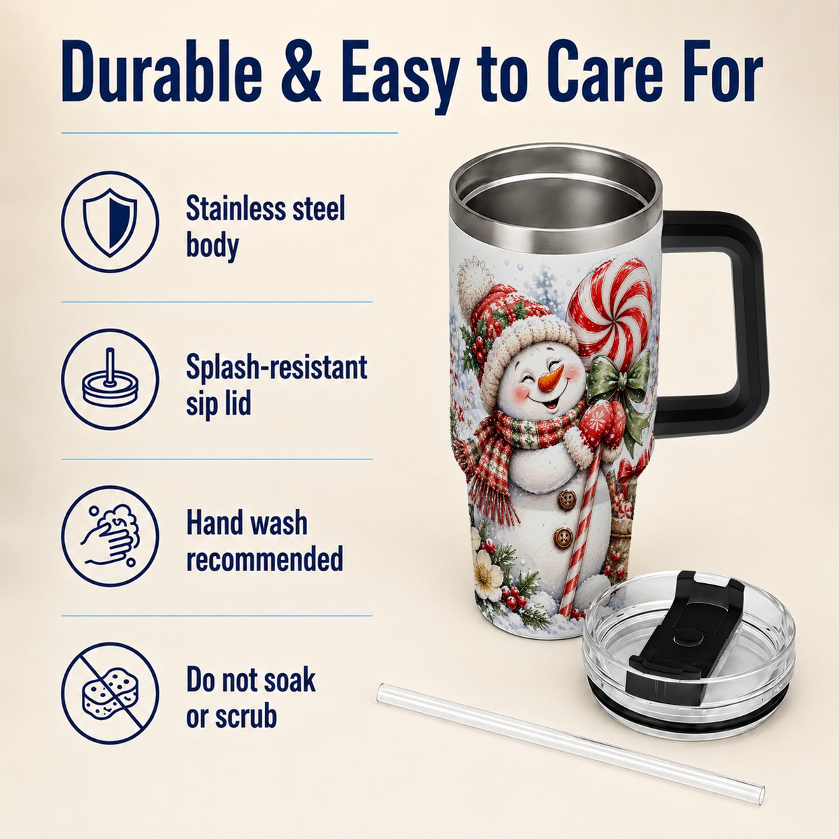 #pl[40oz|Black] Snowman 40oz Tumbler with Handle, Peppermint Holiday Steel Cup