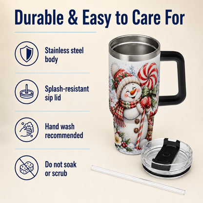 #pl[40oz|Black] Snowman 40oz Tumbler with Handle, Peppermint Holiday Steel Cup