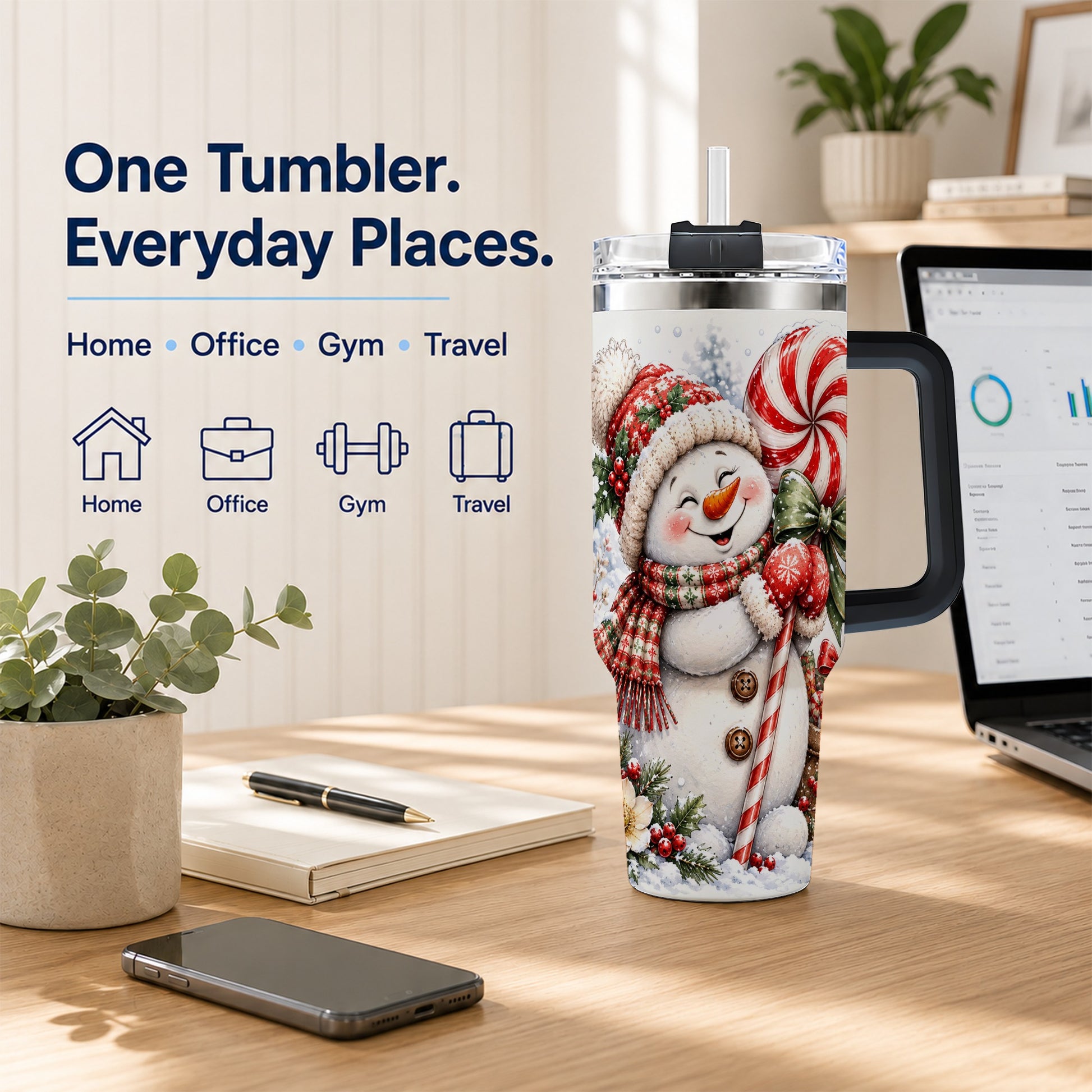 #pl[40oz|Black] Snowman 40oz Tumbler with Handle, Peppermint Holiday Steel Cup