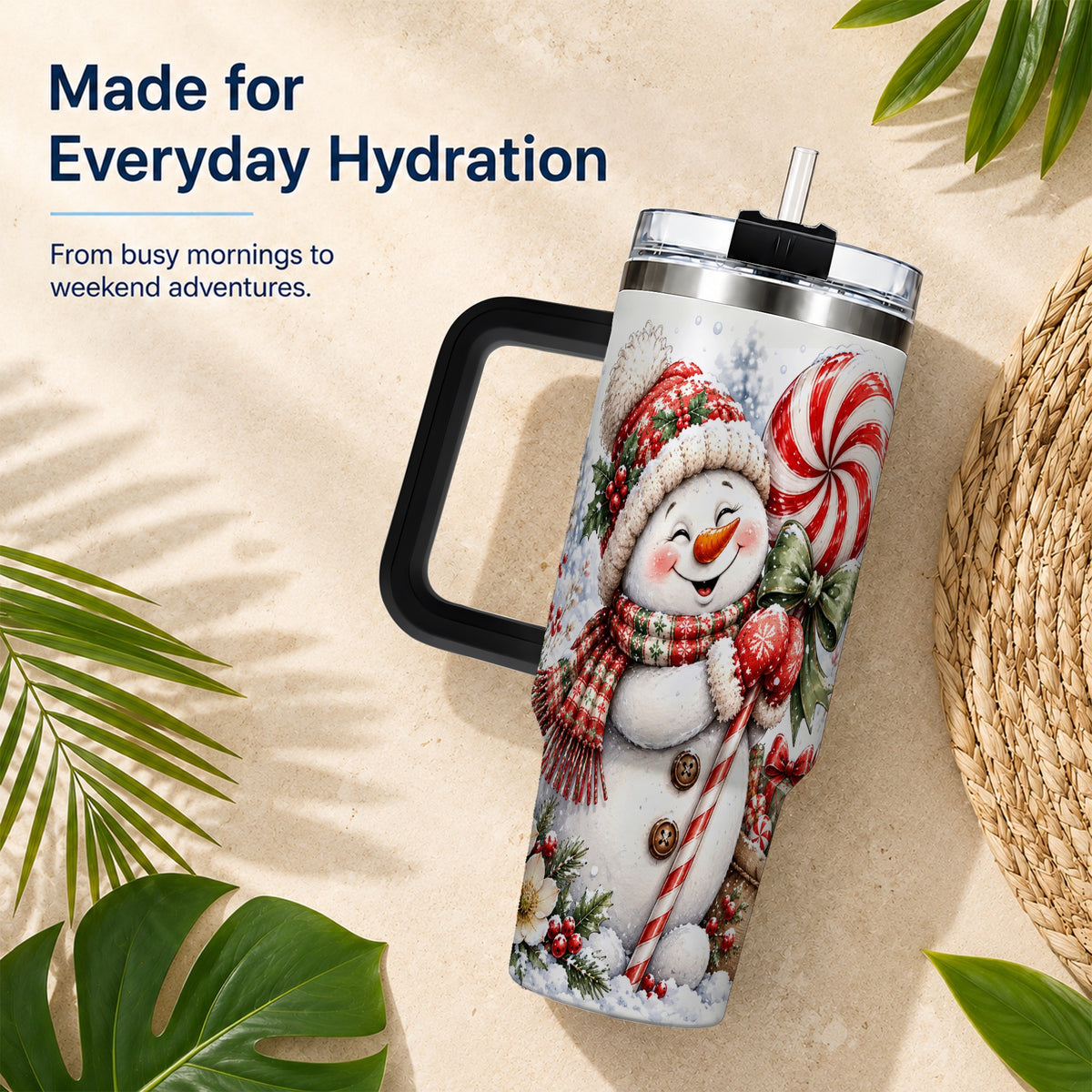 #pl[40oz|Black] Snowman 40oz Tumbler with Handle, Peppermint Holiday Steel Cup