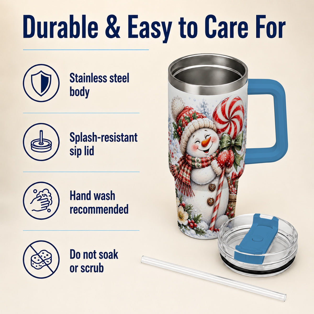 #pl[40oz|Blue] Snowman 40oz Tumbler with Handle, Peppermint Holiday Steel Cup