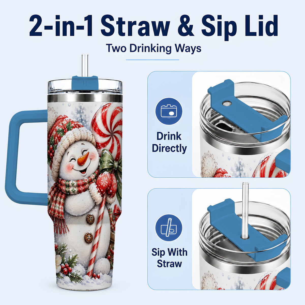 #pl[40oz|Blue] Snowman 40oz Tumbler with Handle, Peppermint Holiday Steel Cup