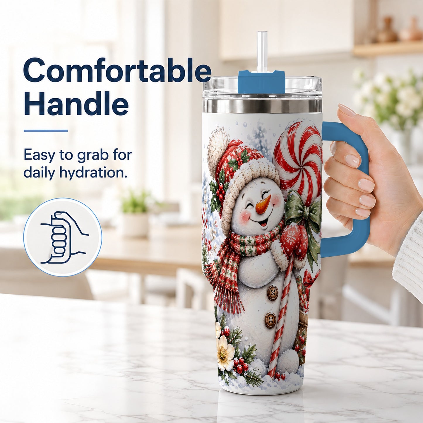 #pl[40oz|Blue] Snowman 40oz Tumbler with Handle, Peppermint Holiday Steel Cup