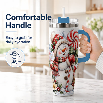 #pl[40oz|Blue] Snowman 40oz Tumbler with Handle, Peppermint Holiday Steel Cup