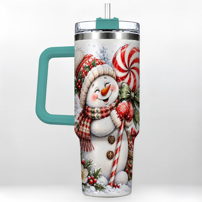 #pl[40oz|Green] Snowman 40oz Tumbler with Handle, Peppermint Holiday Steel Cup