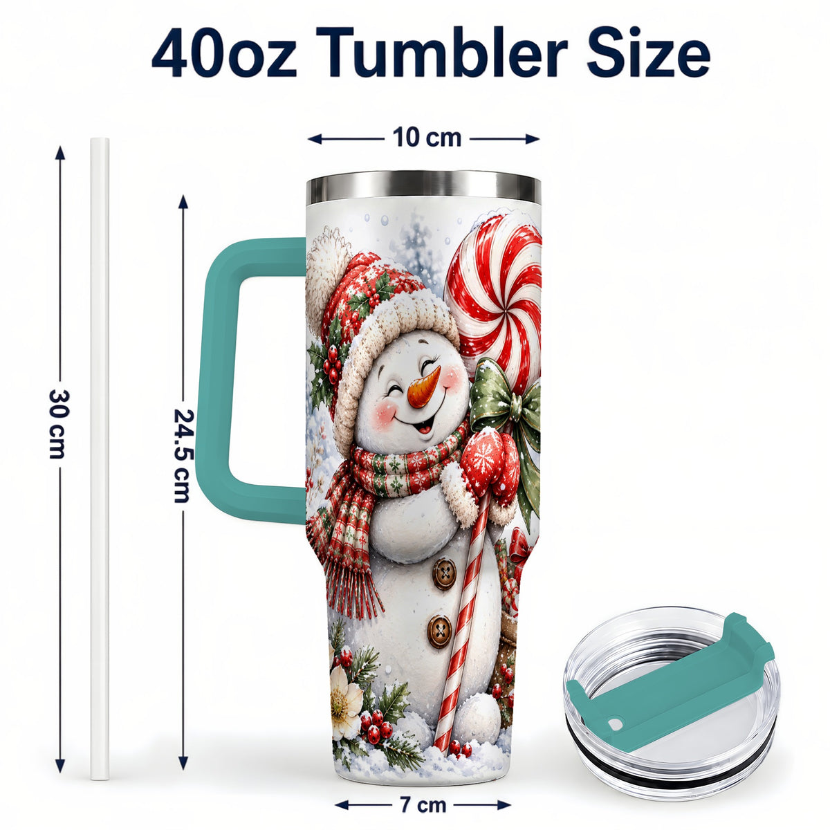 #pl[40oz|Green] Snowman 40oz Tumbler with Handle, Peppermint Holiday Steel Cup