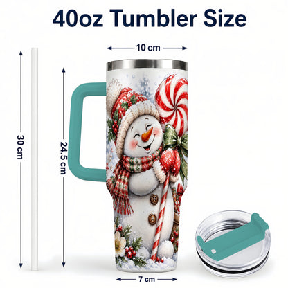#pl[40oz|Green] Snowman 40oz Tumbler with Handle, Peppermint Holiday Steel Cup