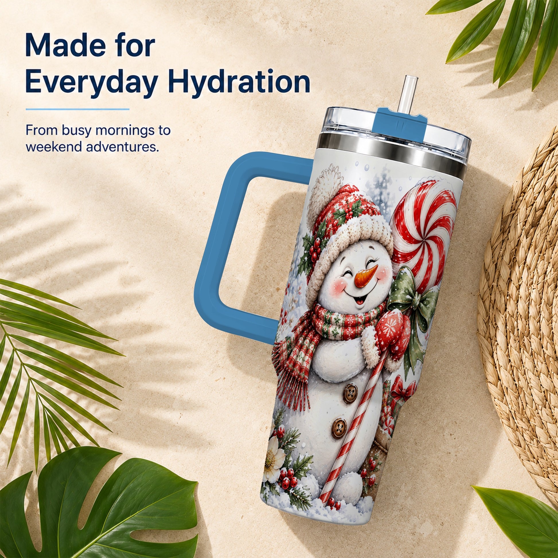 #pl[40oz|Blue] Snowman 40oz Tumbler with Handle, Peppermint Holiday Steel Cup