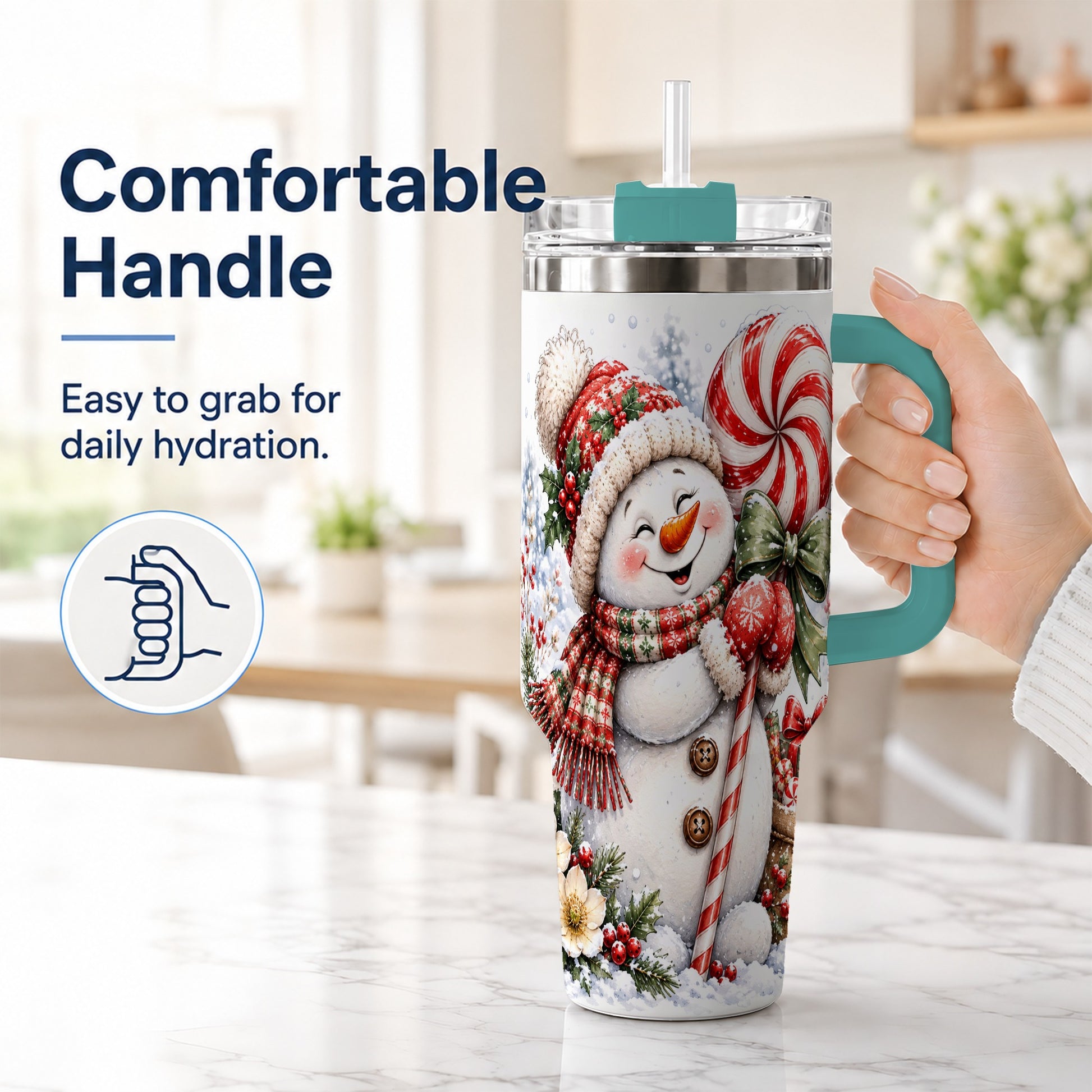 #pl[40oz|Green] Snowman 40oz Tumbler with Handle, Peppermint Holiday Steel Cup