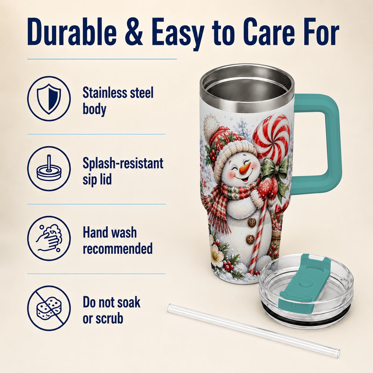 #pl[40oz|Green] Snowman 40oz Tumbler with Handle, Peppermint Holiday Steel Cup