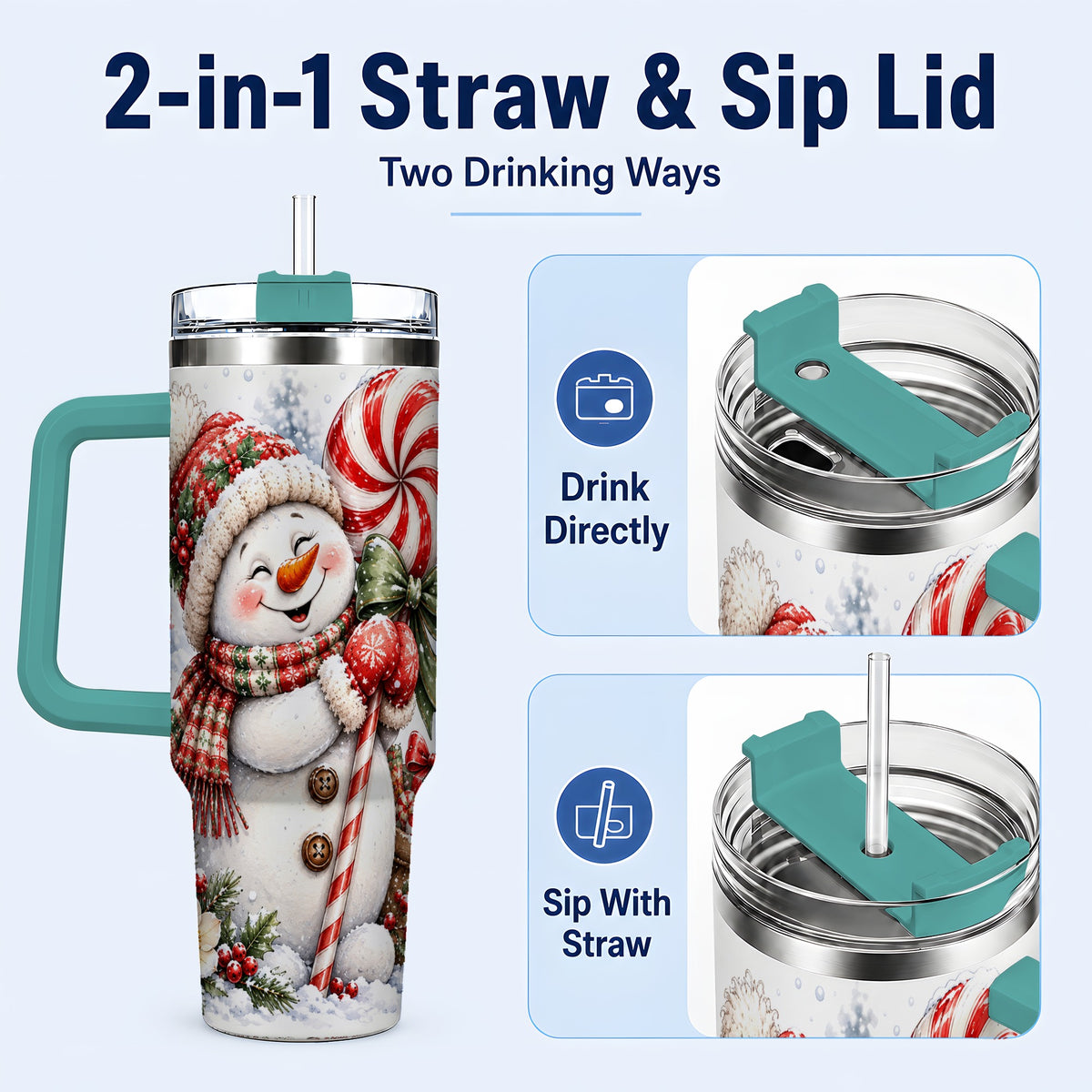 #pl[40oz|Green] Snowman 40oz Tumbler with Handle, Peppermint Holiday Steel Cup