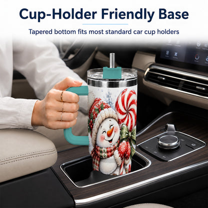 #pl[40oz|Green] Snowman 40oz Tumbler with Handle, Peppermint Holiday Steel Cup