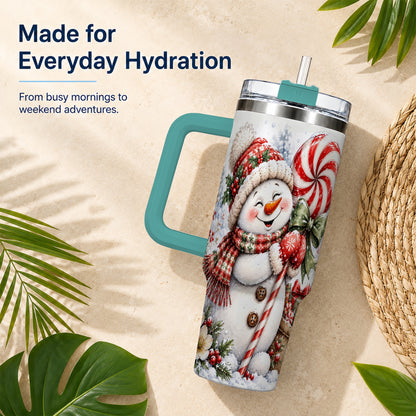 #pl[40oz|Green] Snowman 40oz Tumbler with Handle, Peppermint Holiday Steel Cup
