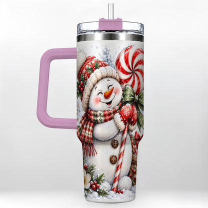 #pl[40oz|Pink] Snowman 40oz Tumbler with Handle, Peppermint Holiday Steel Cup