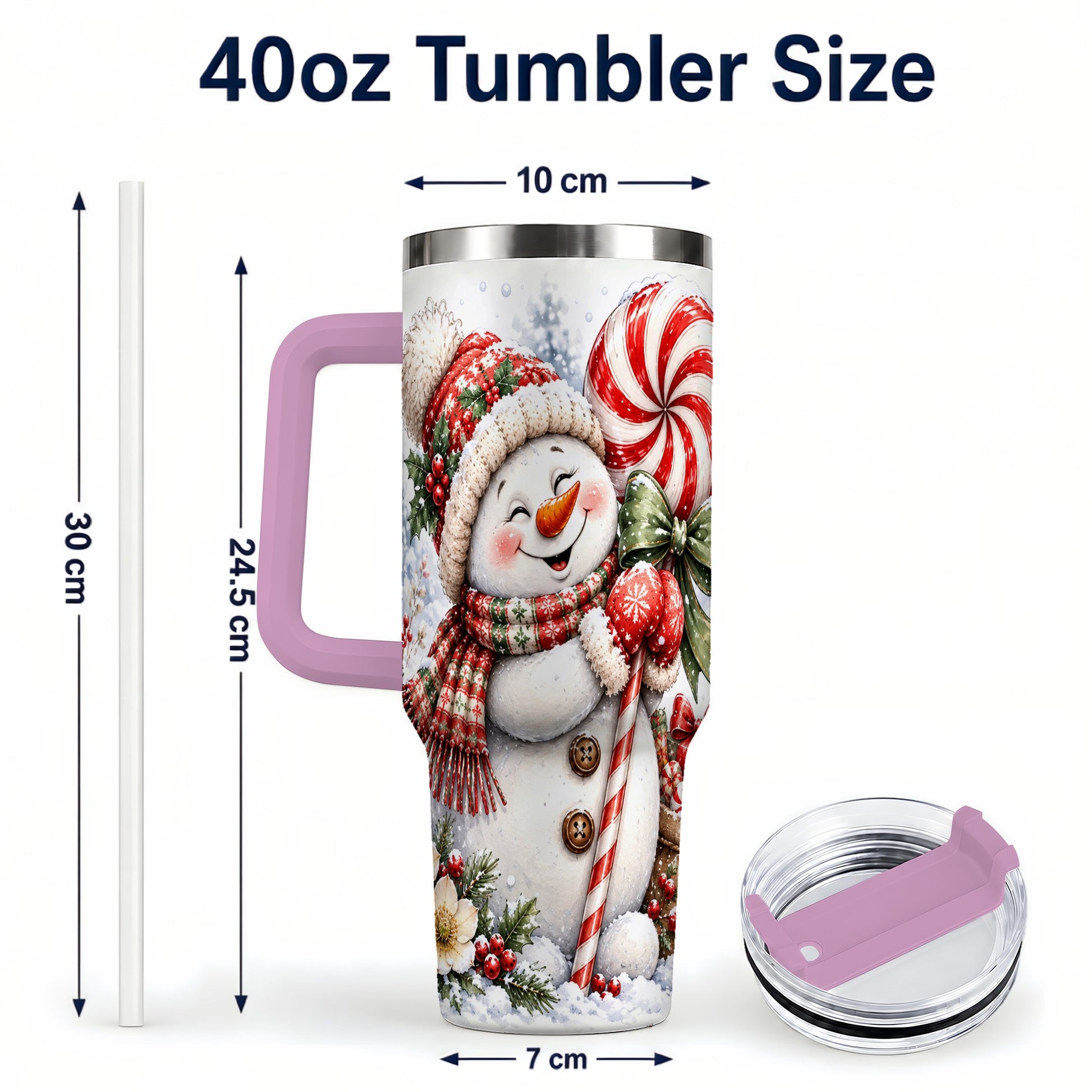 #pl[40oz|Pink] Snowman 40oz Tumbler with Handle, Peppermint Holiday Steel Cup